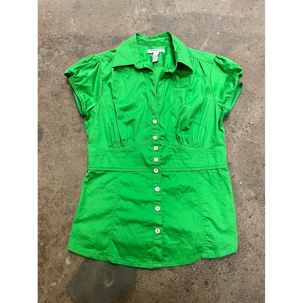 Banana Republic Blouse Top Womens 6 Green Cotton Stretch Cap Sleeve Pleated Back